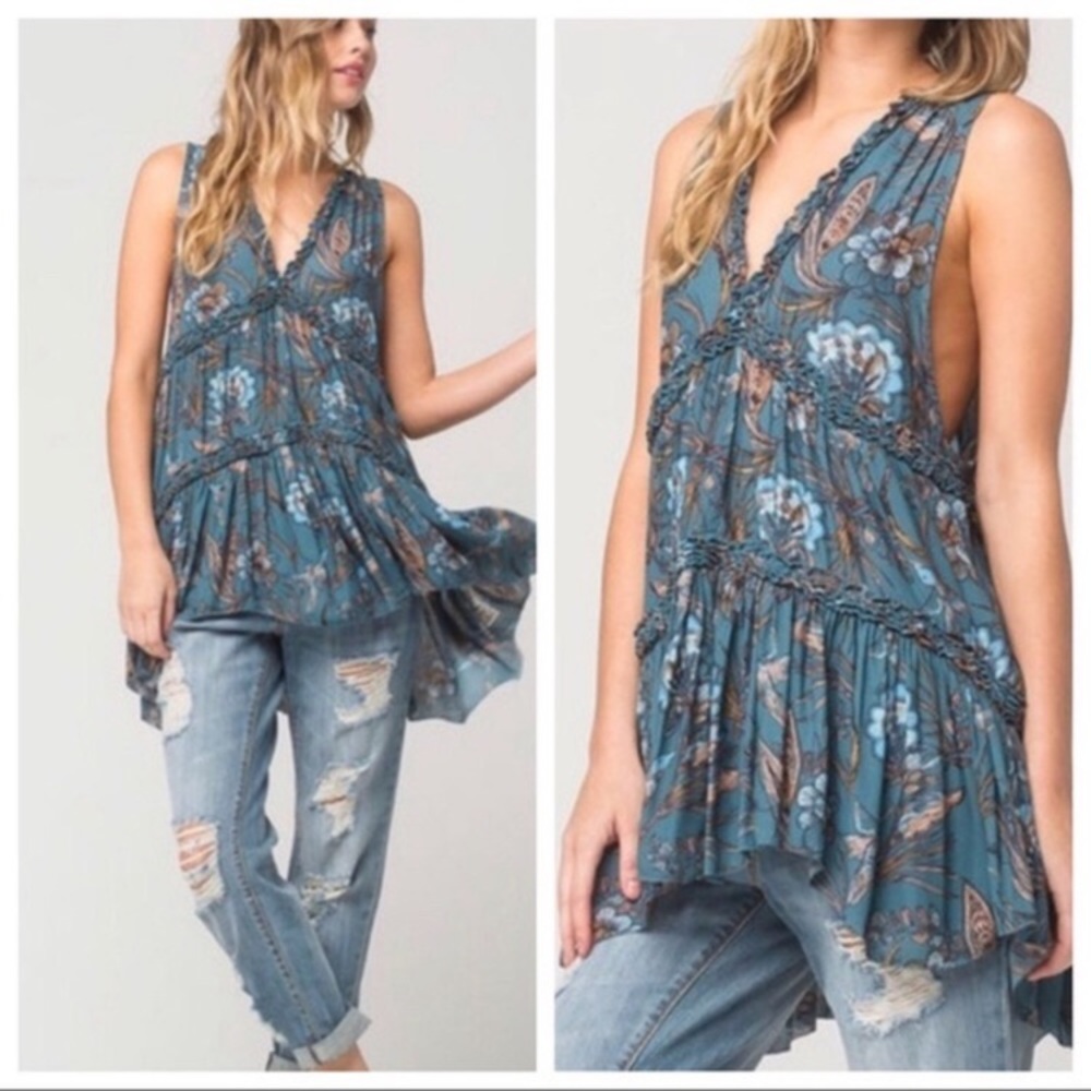 Free People Haze Hummingbird Tunic Blue Ruffled XS - Picture 3 of 12